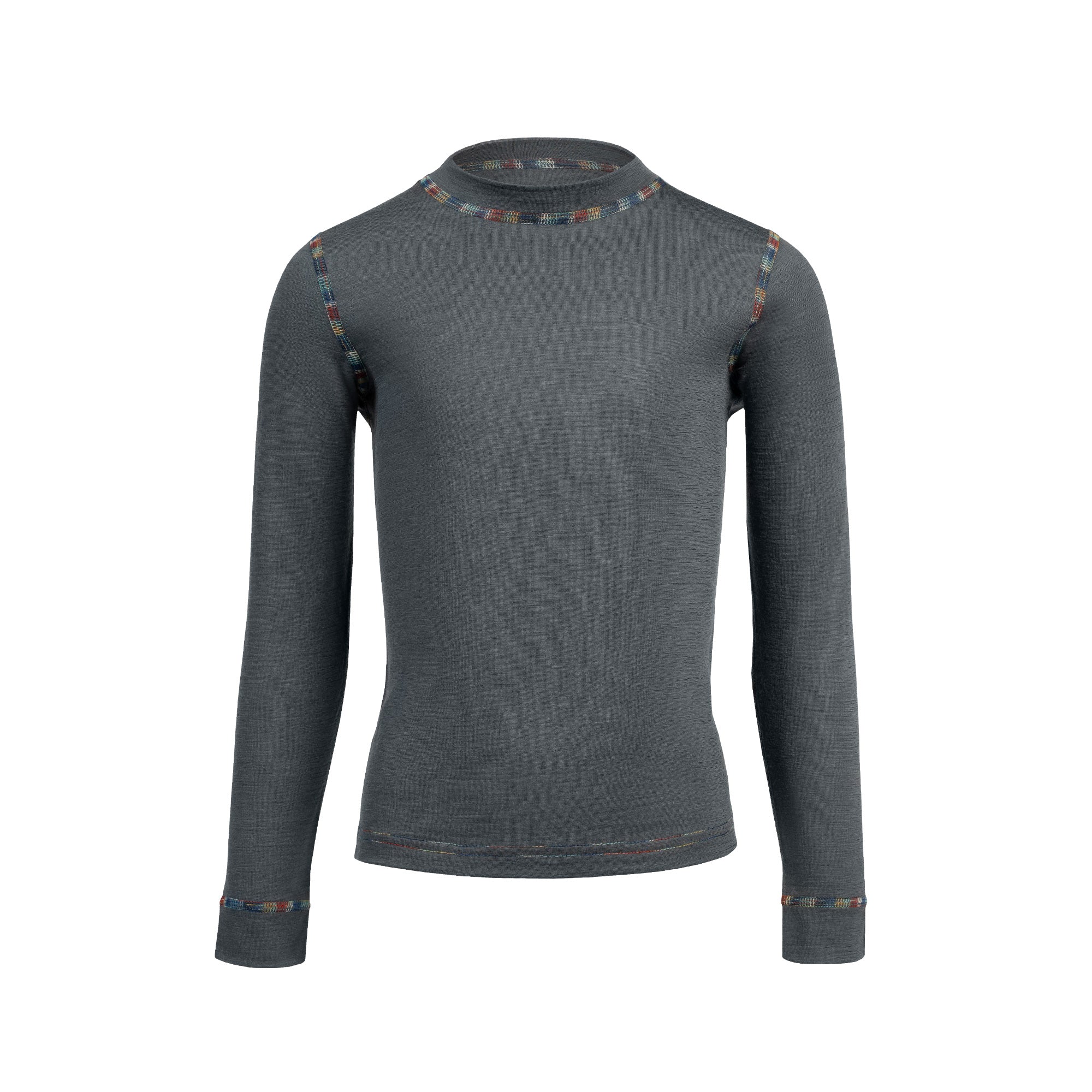 A boy sitting in a yellow armchair, looking to the side, wearing the menique long sleeve merino top in perfect gray color with matching pants.