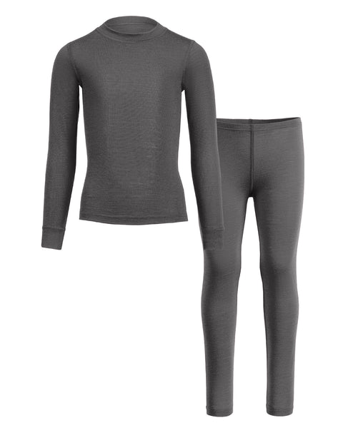 Two-piece kids’ base layer set in gray, including long-sleeve top and leggings, front view.