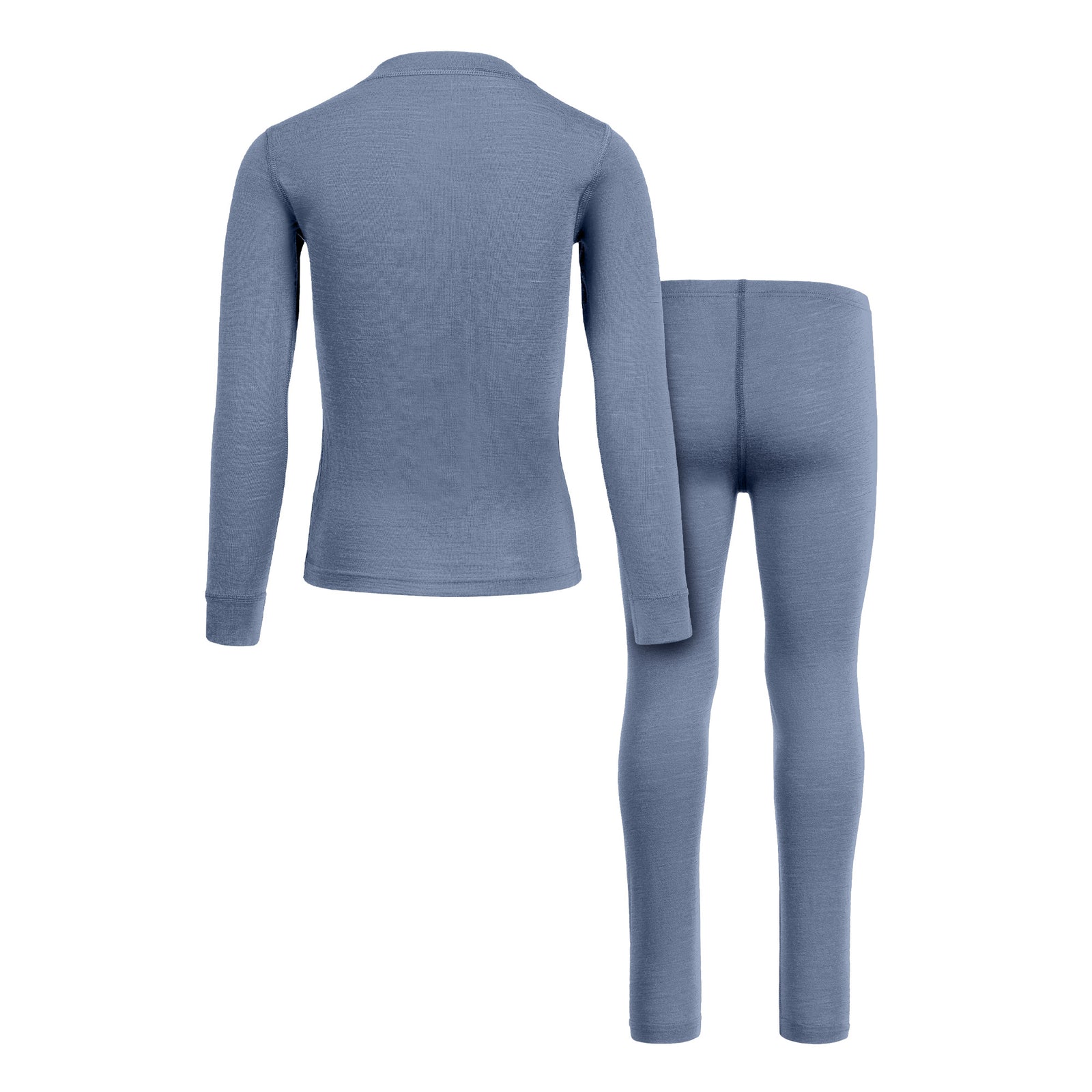A front-view product shot of a children's two-piece base layer set featuring a long-sleeved top and leggings in a heathered dusty blue color. The top has a simple crew neckline and cuffed sleeves, while the leggings show an elastic waistband and a center front seam. The items are displayed flat against a pure white background, with the top on the left slightly overlapping the leggings on the right.