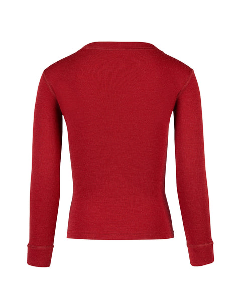 Back view of the kids&#39; menique merino 250gsm long sleeve top, in royal cherry color, white background.
