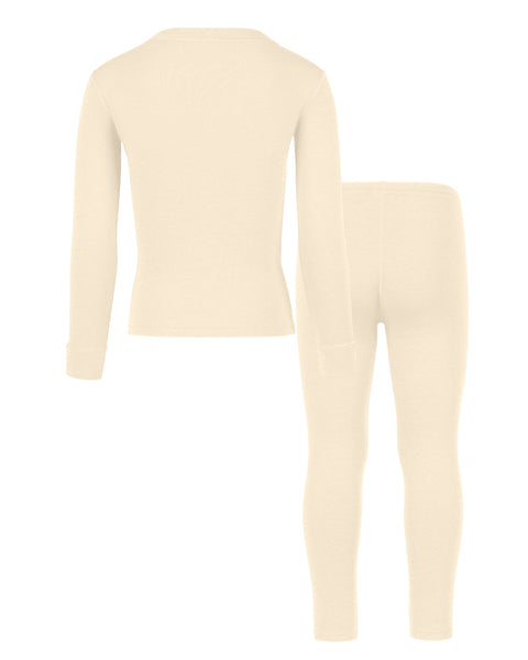 Back view of the kids&#39; menique merino 250gsm two piece set of long sleeve top and pants, in natural color, white background.