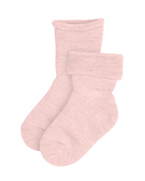 The menique Kids&#39; pink merino sherpa lined socks. One is rolled down to reveal the sherpa lining, and the other is rolled up.