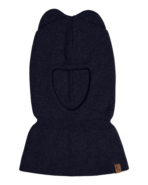 the menique knit cotton balaclava with ears in blue color in a white background