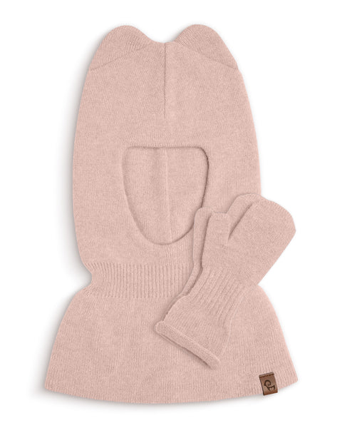 Knitted balaclava and gloves set in dusty pink on a white background