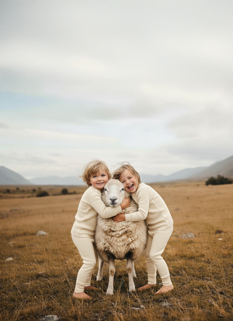 Kids dressed in natural Merino wool base layers outdoors, soft thermal clothing for children