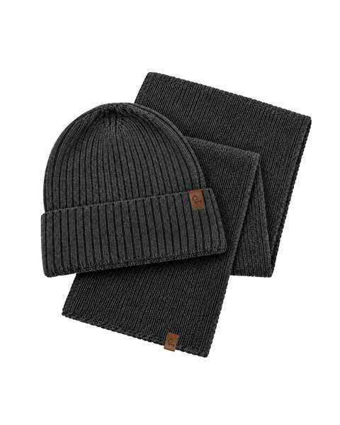 Product set displaying a charcoal gray knit beanie resting on a matching folded winter scarf on a white background.