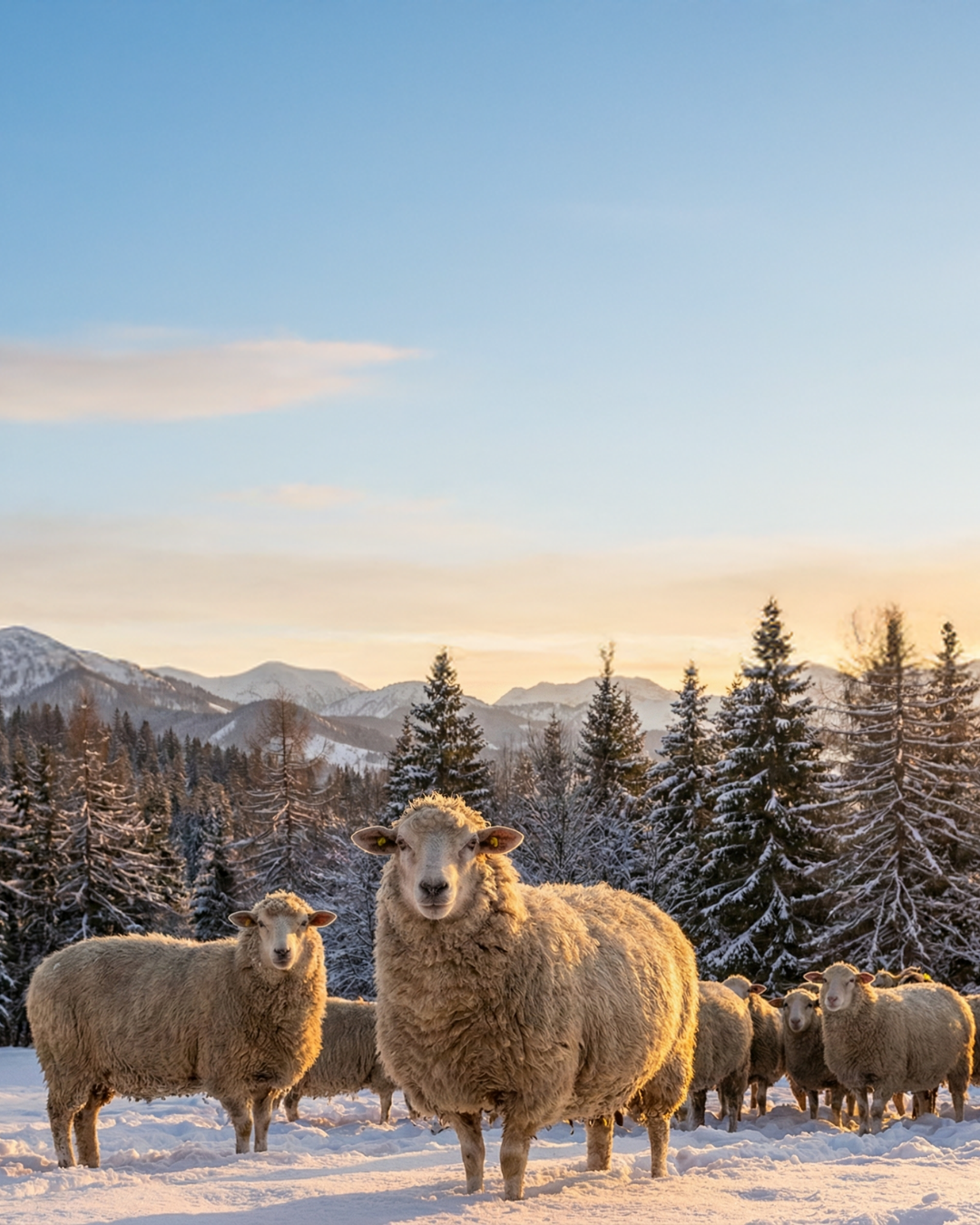 A group of sheep standing in fresh snow at sunset, surrounded by snow-dusted pine trees and distant mountains glowing in warm evening light.