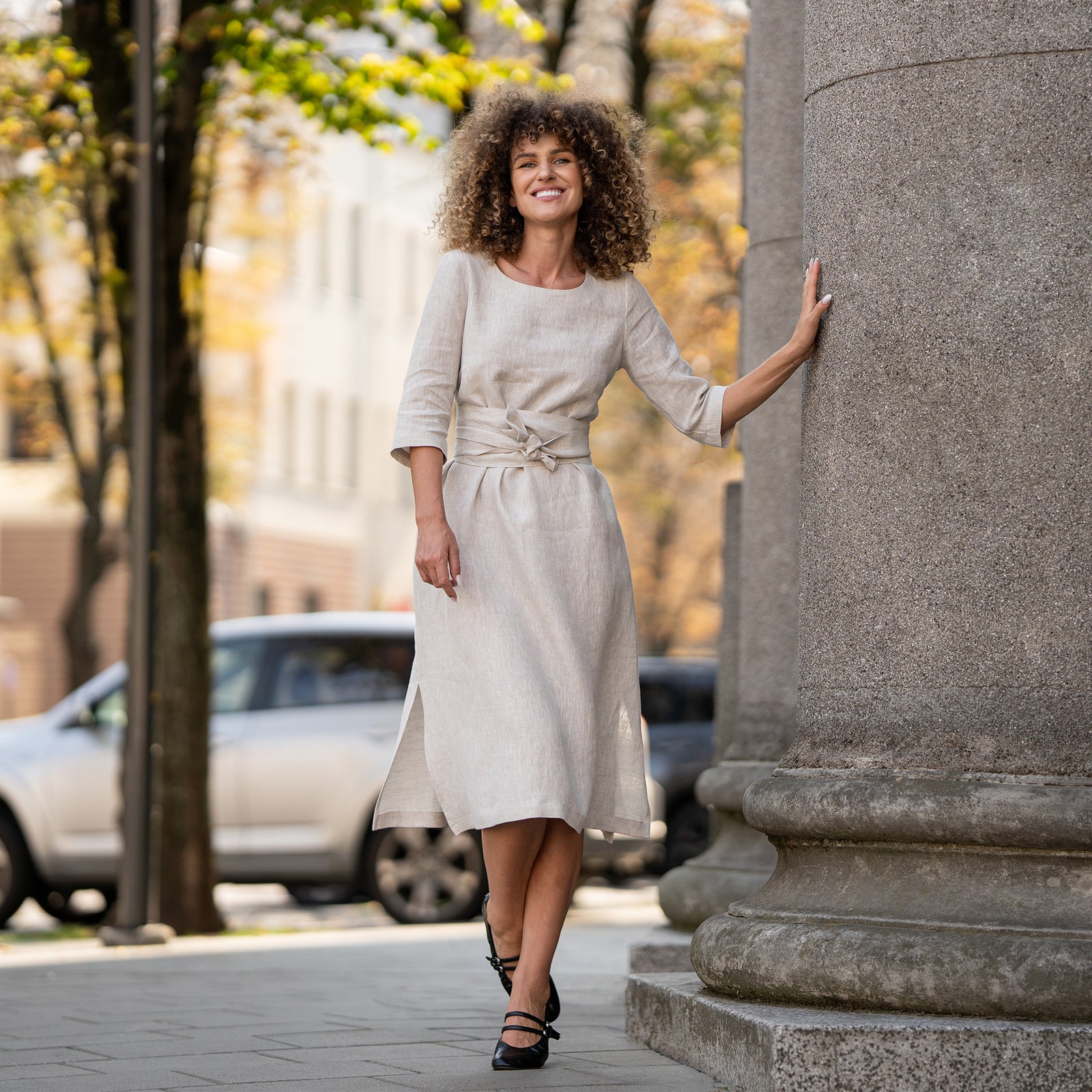 The menique women's linen wrap dress MILEY in stone green color.