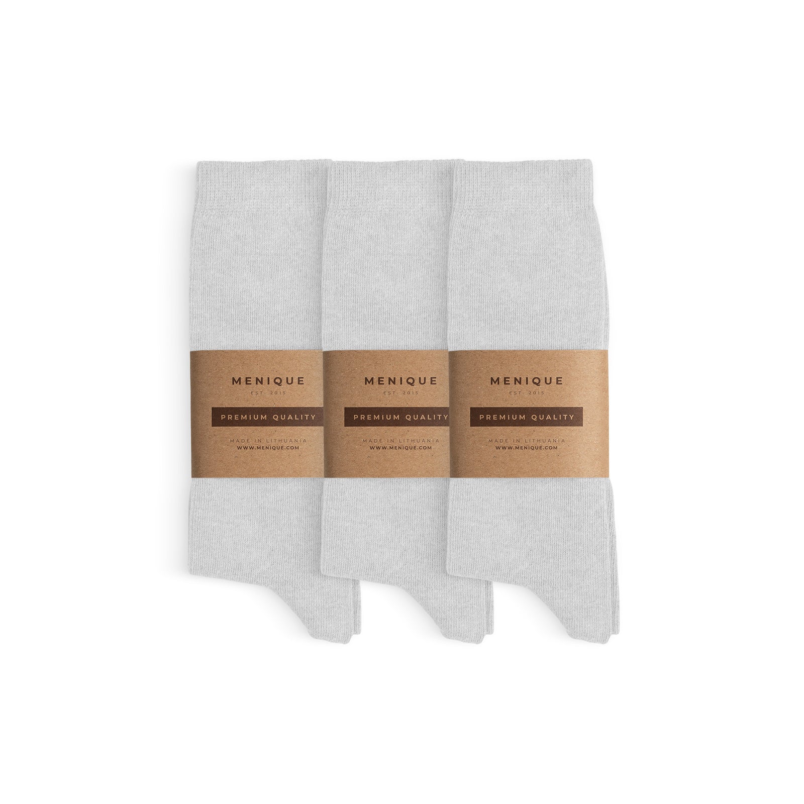 Three pairs of dark blue men’s cotton socks arranged side by side with Menique brown paper labels marked ‘Premium Quality.