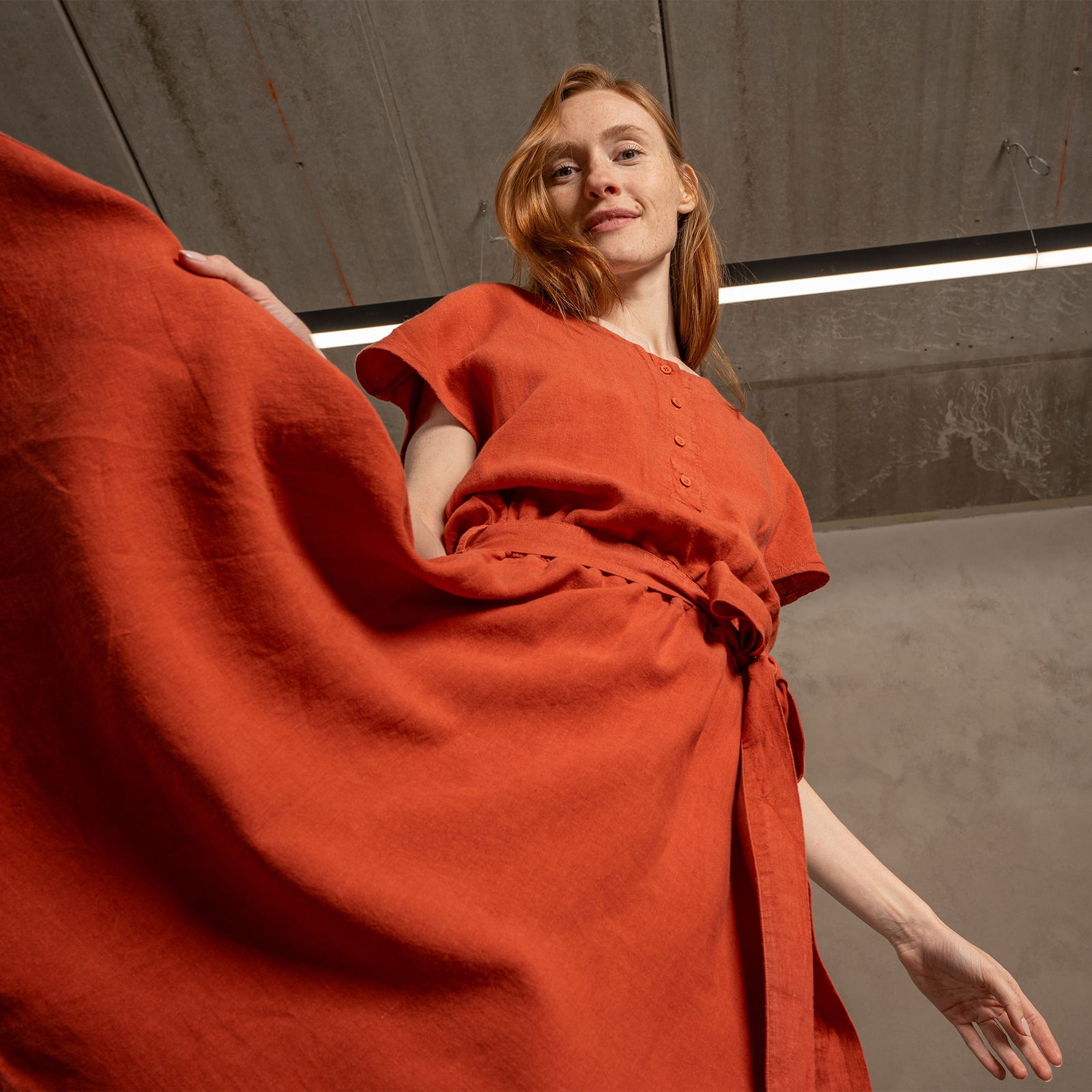 Linen Front Button Dress Brigit Cinnamon Red