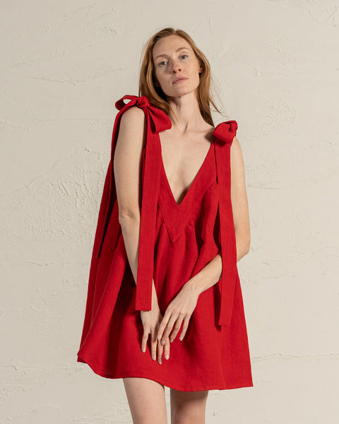 Linen Dress with Shoulder Ribbons Christina pure red