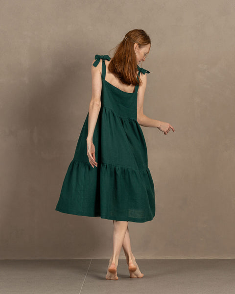 Linen Adjustable Strap Pinafore Dress Uma dark green