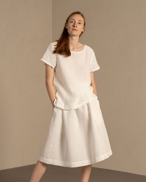 Linen Midi Skirt Sophia matched with Linen Short Sleeve Top Emma in Pure White color