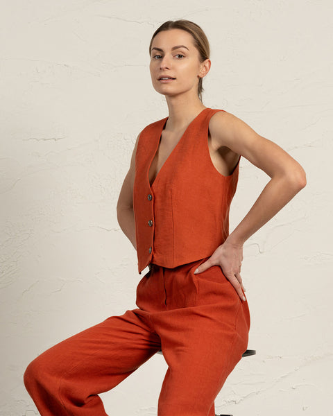 Women&#39;s Linen Waistcoat Ava Cinnamon Red