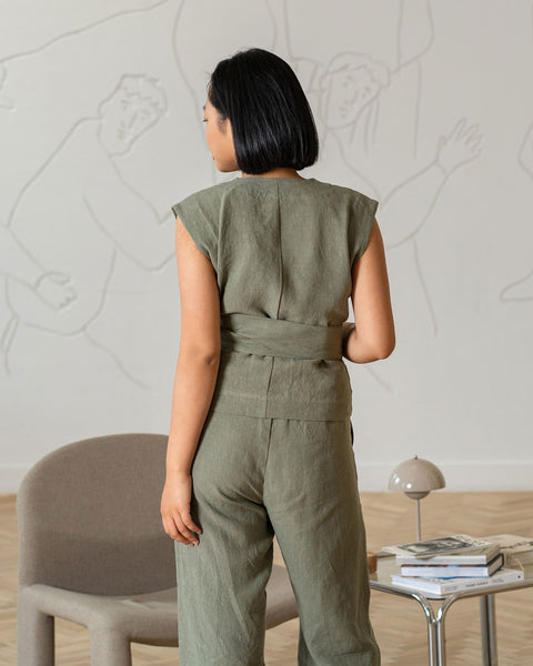 Linen Sleeveless Wrap Crop Top Ruby in stone green