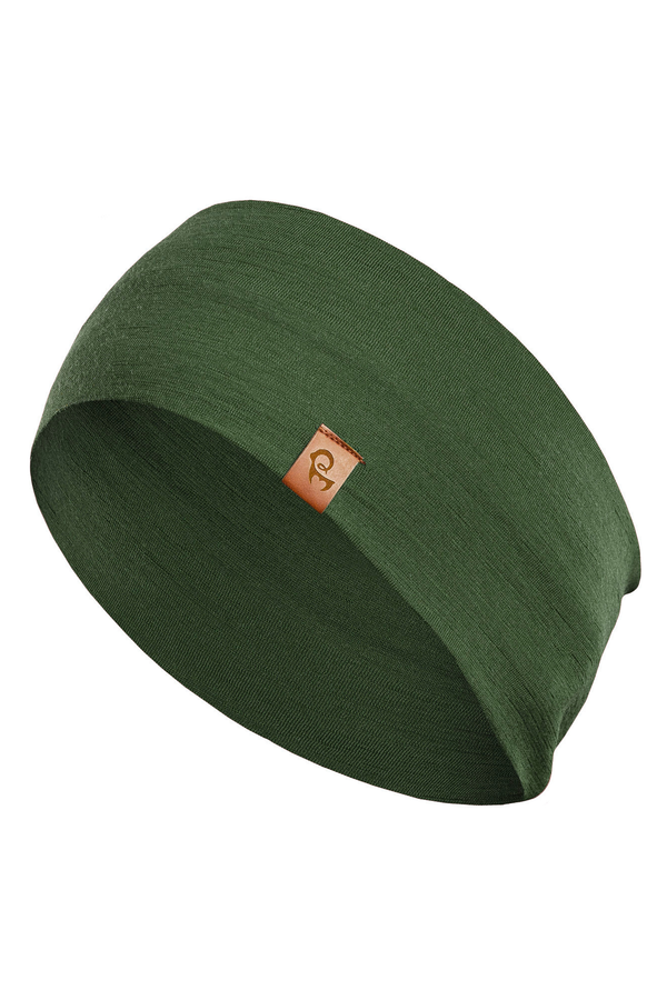A flat-lay product shot of a dark green, wide headband displayed against a pure white background. It features a small, square, brown leather-like logo tag sewn near the bottom edge.