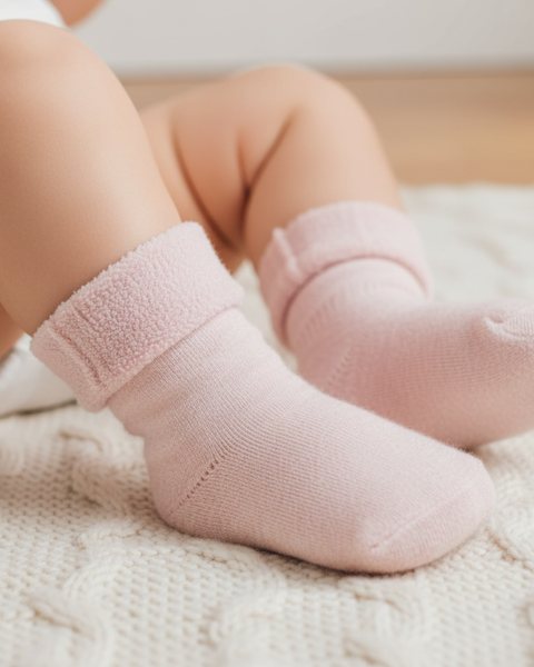 Close-up of a baby wearing soft pink Merino sherpa socks while sitting on a knitted cream blanket.