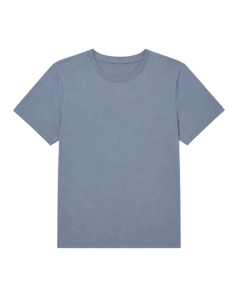 A flat-lay product shot of a women's regular fit, short-sleeved crew-neck t-shirt in a dusty blue color, displayed against a pure white background. The fabric has a subtle heathered texture.