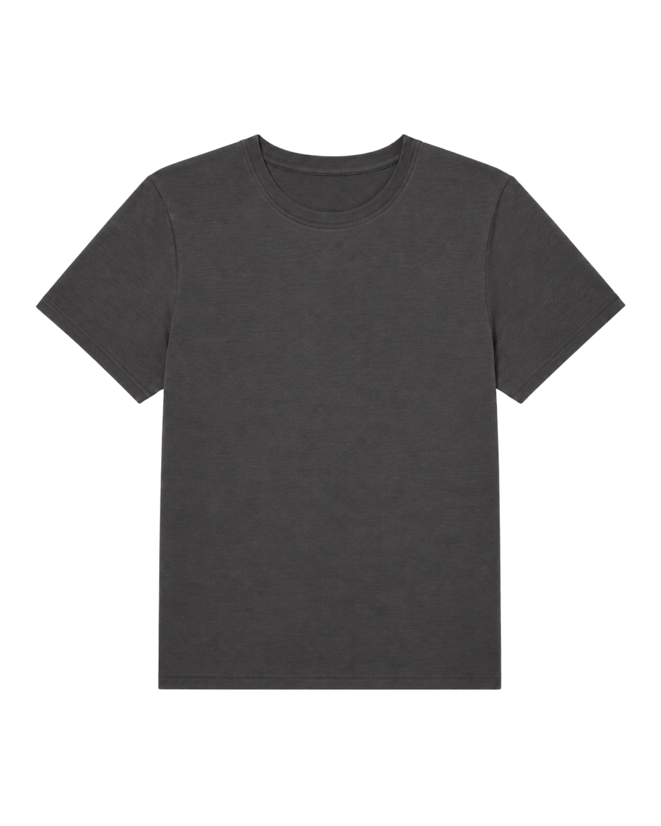 A flat-lay product shot of a women's regular fit, short-sleeved crew-neck t-shirt in a charcoal grey color, displayed against a pure white background. The fabric has a subtle heathered texture.