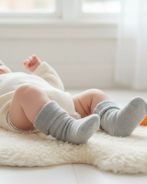 Baby lying on a cozy sheepskin rug wearing warm grey Merino sherpa socks and a white outfit.