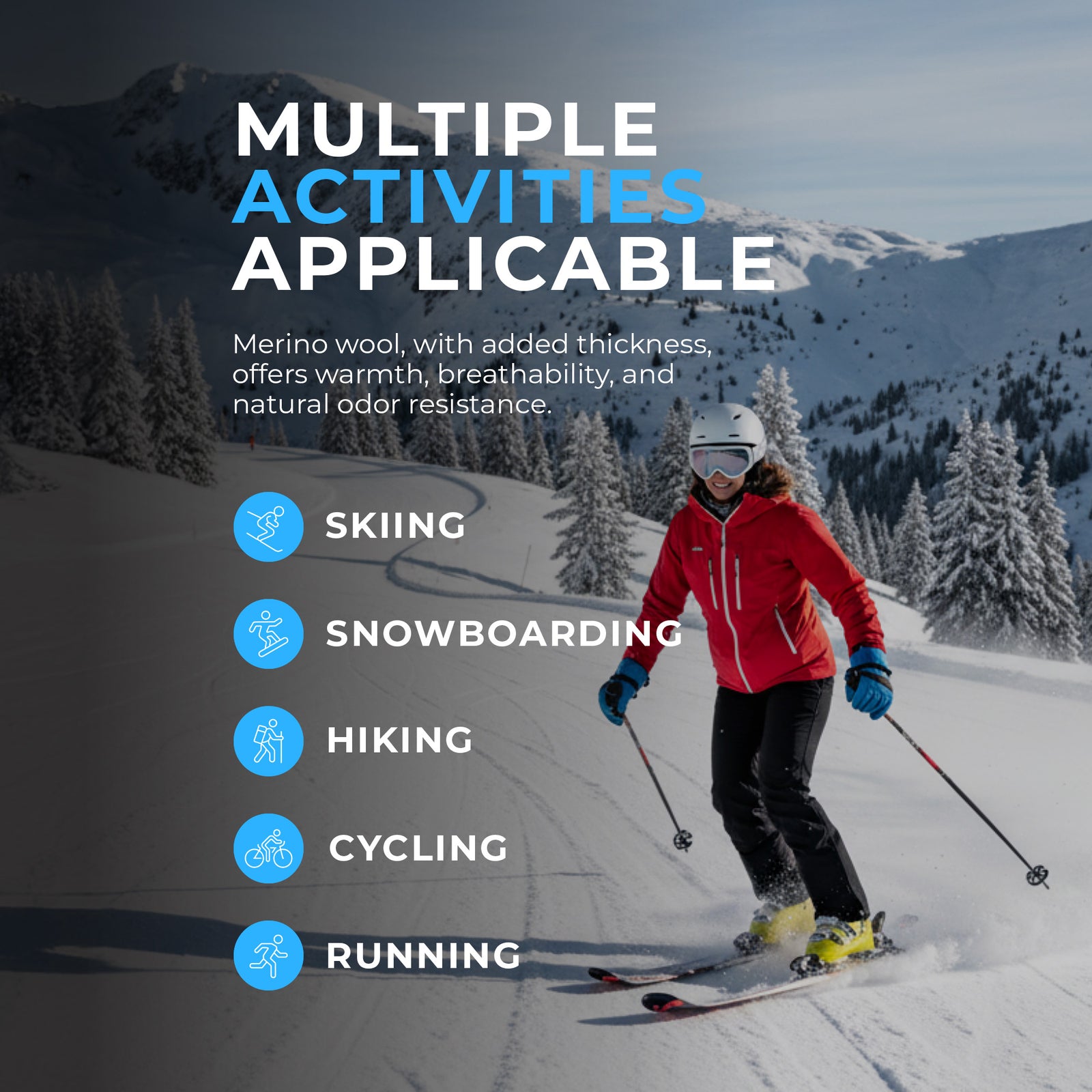 Women wearing black knee-high skii merino wool socks with gray toes on a white background