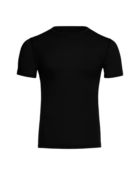 The menique men&#39;s 160 Merino wool T-Shirt in black color, white background.