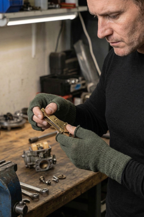 Man performing precision mechanical repair wearing green merino wool fingerless work gloves, breathable high-dexterity gloves for tools, DIY tasks, and outdoor work