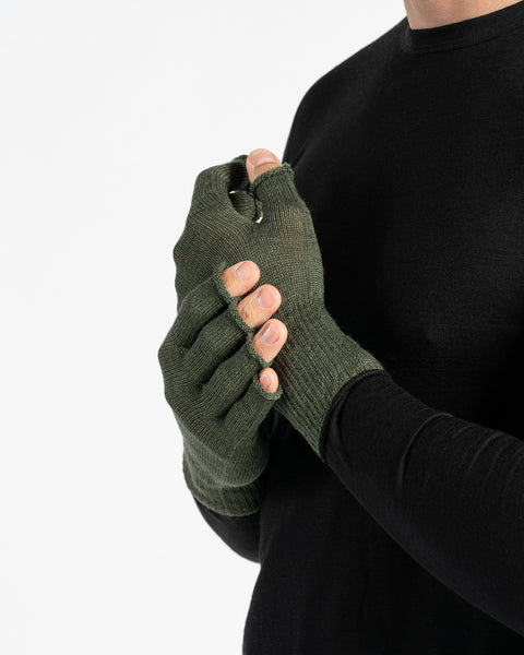 A person wearing a black long-sleeved shirt is shown from the chest up, putting on dark green fingerless gloves. The background is white.