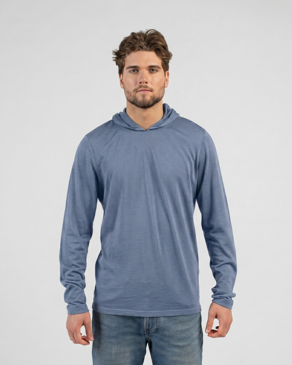 The men's dusty blue hoodie is shown from the front, featuring a simple pullover hood and breathable-looking fabric texture.
