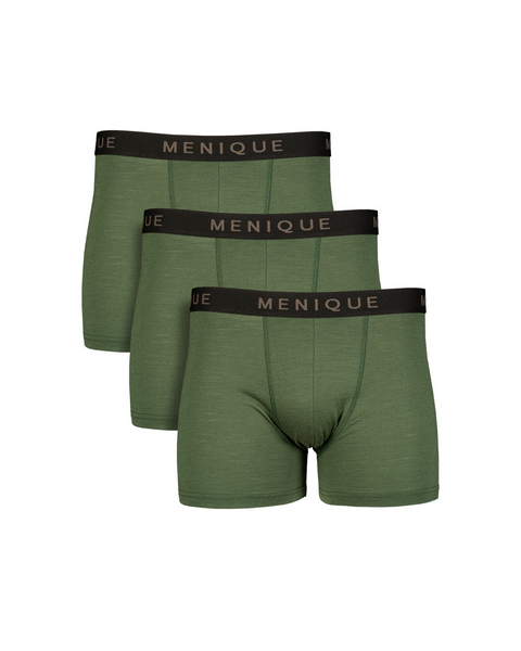 Men’s merino wool boxer shorts 3-pack in dark green – everyday men’s underwear with breathable comfort and flexible support.
