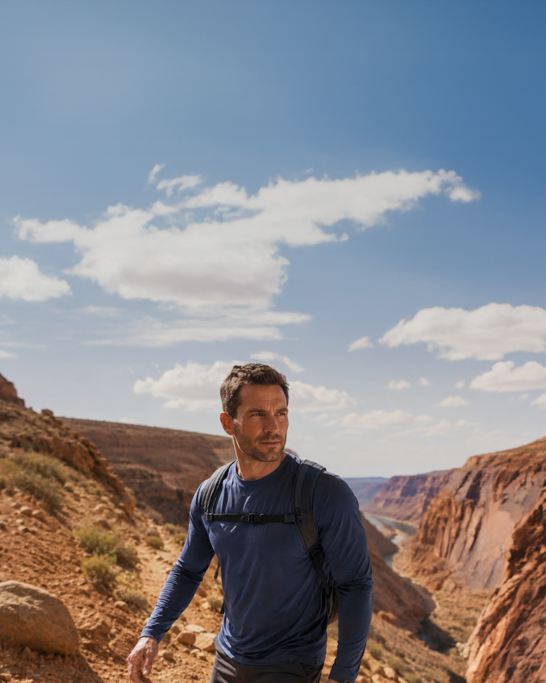 A man wearing a navy blue long-sleeve shirt and a black backpack hiking along a trail with a vast, deep red rock canyon in the background.