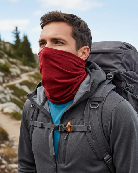 Man hiking with a large backpack, dressed in a gray jacket and blue shirt, wearing a royal cherry red Merino wool neck gaiter covering his face.