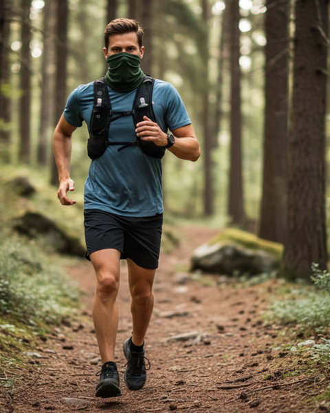 Man trail running in a forest, dressed in a blue T-shirt, shorts, and a dark green Merino wool neck gaiter pulled over his face.