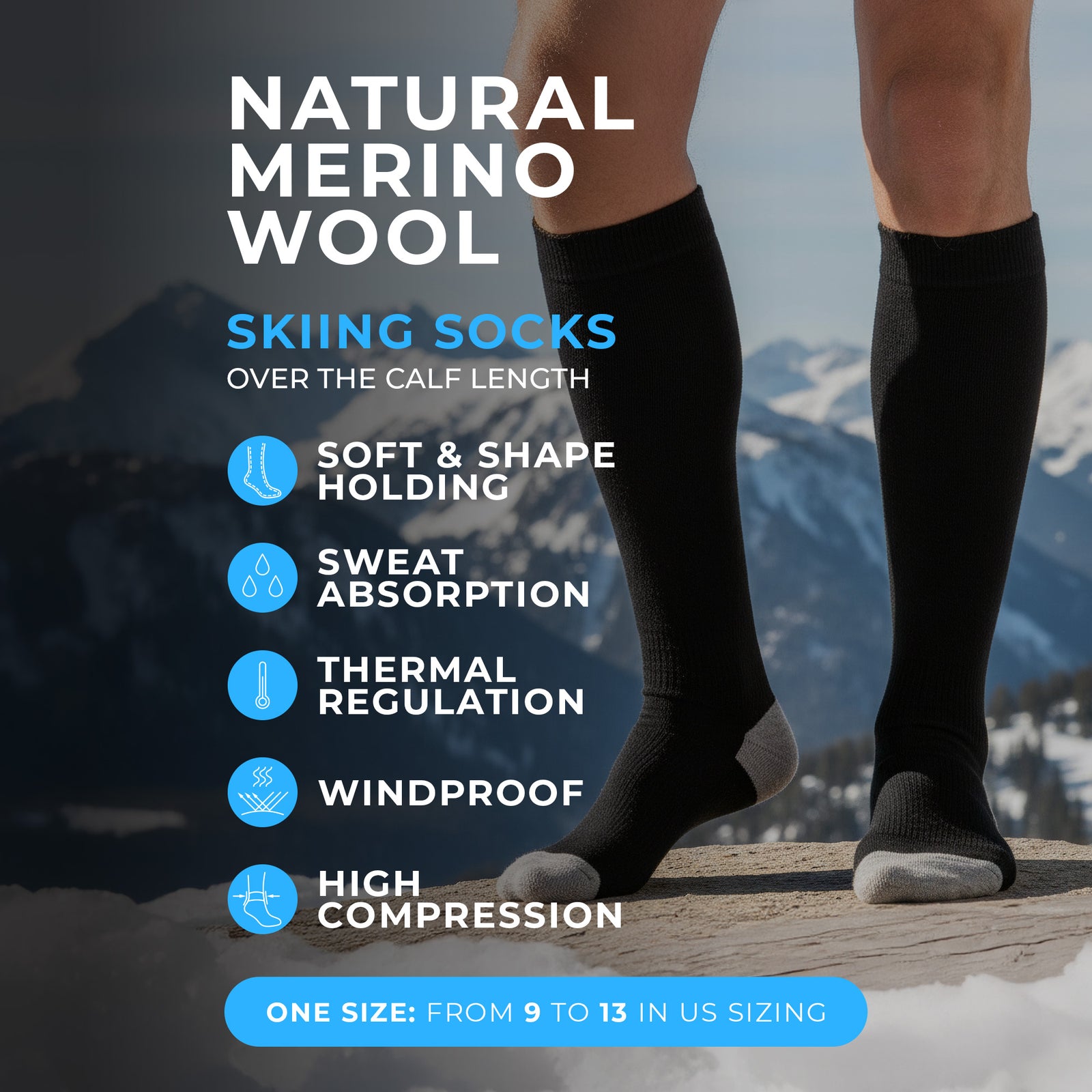 Black knee-high sock with gray toe and heel on a white background