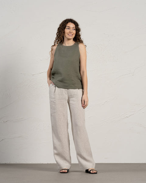 Linen Hig Neck Top Stone Green