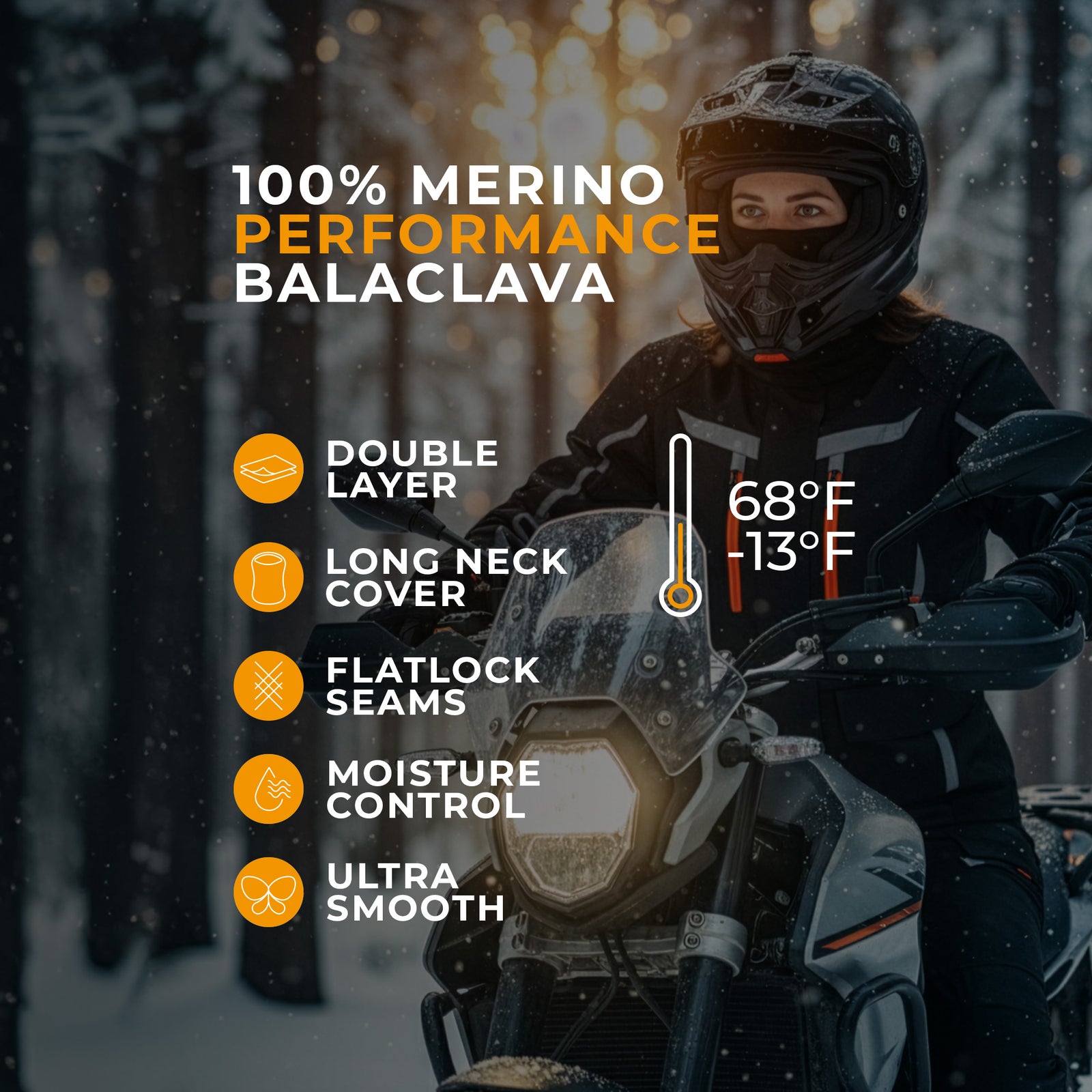 Woman wearing a black balaclava and blue outdoor jacket with a backpack, standing in a snowy mountain landscape with pine trees in the background.