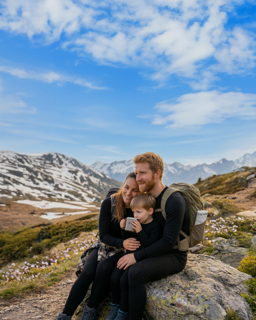 Family resting during mountain hike wearing merino wool base layers, breathable temperature-regulating clothing for outdoor adventures and trekking in the mountains.
