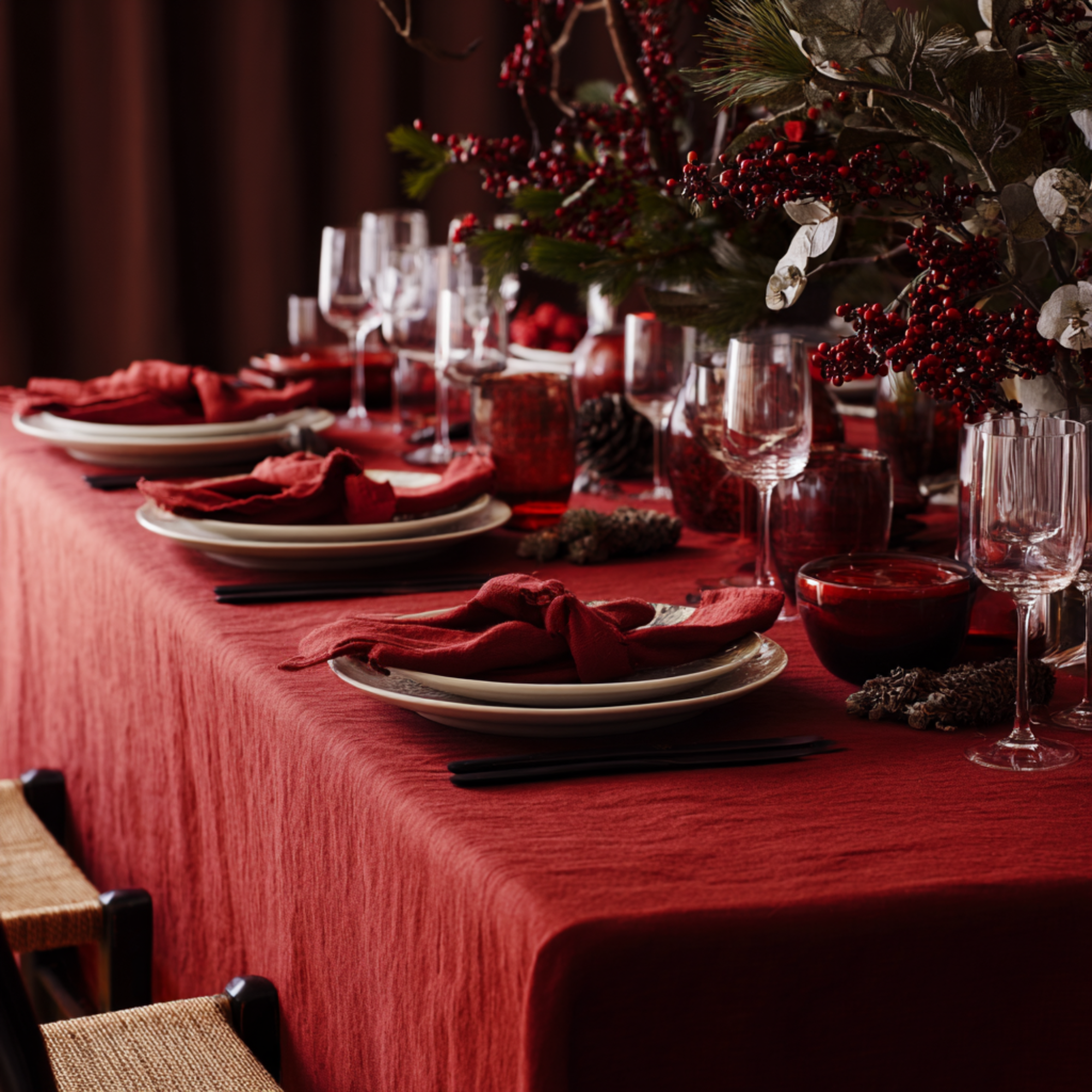 Festive Christmas table setting with a red linen napkin folded on a stone plate, decorated with a pine sprig and surrounded by candles and greenery.