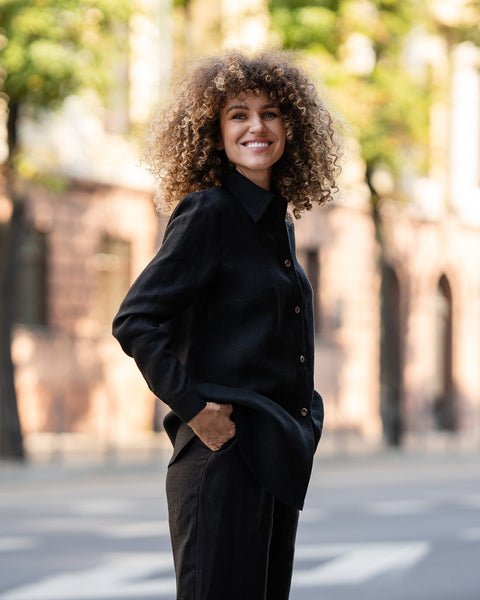 Linen Shirt &amp; Wide Pants 2-Piece in pure black