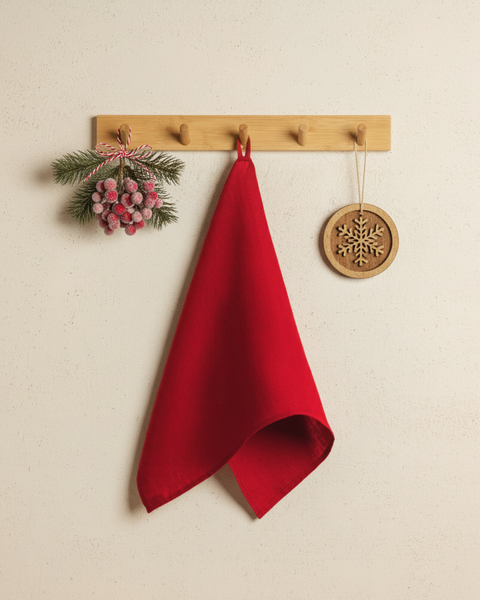 Red linen kitchen towel hanging on a wooden rack, decorated with a pine branch, red berries, and a wooden snowflake ornament for a festive Christmas touch.