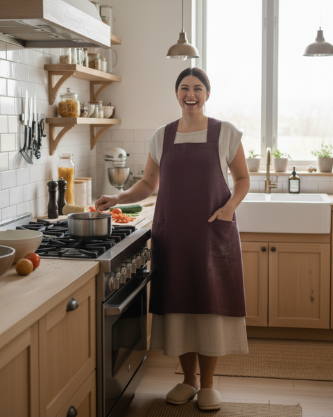 A woman standing in a bright, cozy kitchen wearing a purple Japanese-style apron while stirring a pot on the stove. Fresh vegetables are scattered on the counter beside her, and she is smiling warmly.