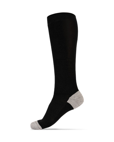 Black knee-high sock with gray toe and heel on a white background