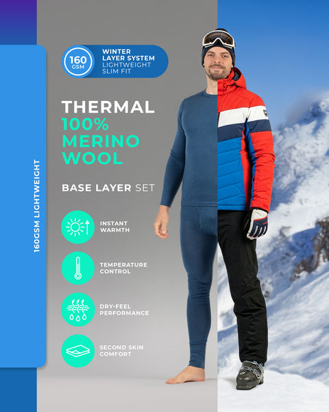 Men’s 160 GSM thermal base layer set made from 100% merino wool, lightweight winter underwear for skiing and cold weather layering