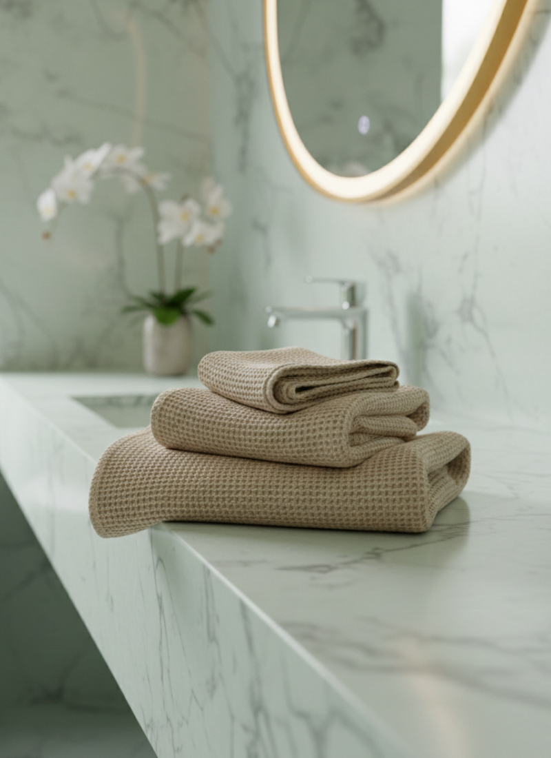 Stack of beige textured towels on a marble bathroom counter near a sink and mirror.