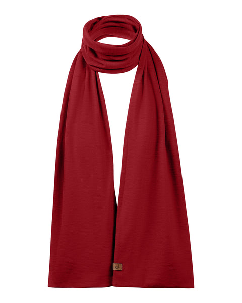 Unisex Merino wool scarf in red color, displayed with a simple wrap style.