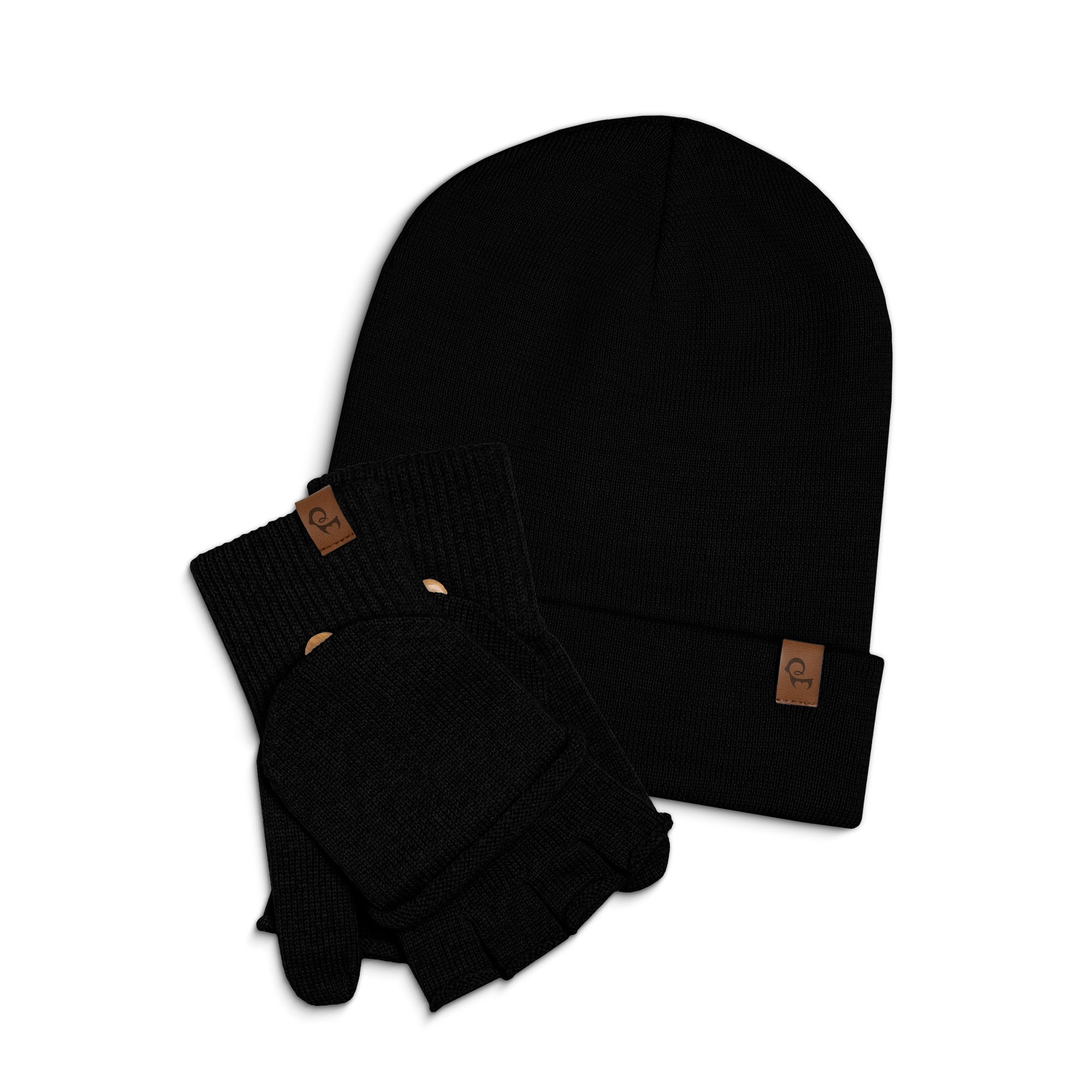 Dark gray knit beanie and gloves set on a white background