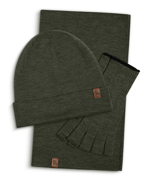 Dark Green menique knit beanie, neck gaiter, and fingerless gloves set on a white background