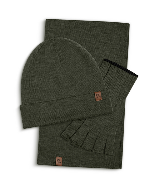 Dark Green menique knit beanie, neck gaiter, and fingerless gloves set on a white background