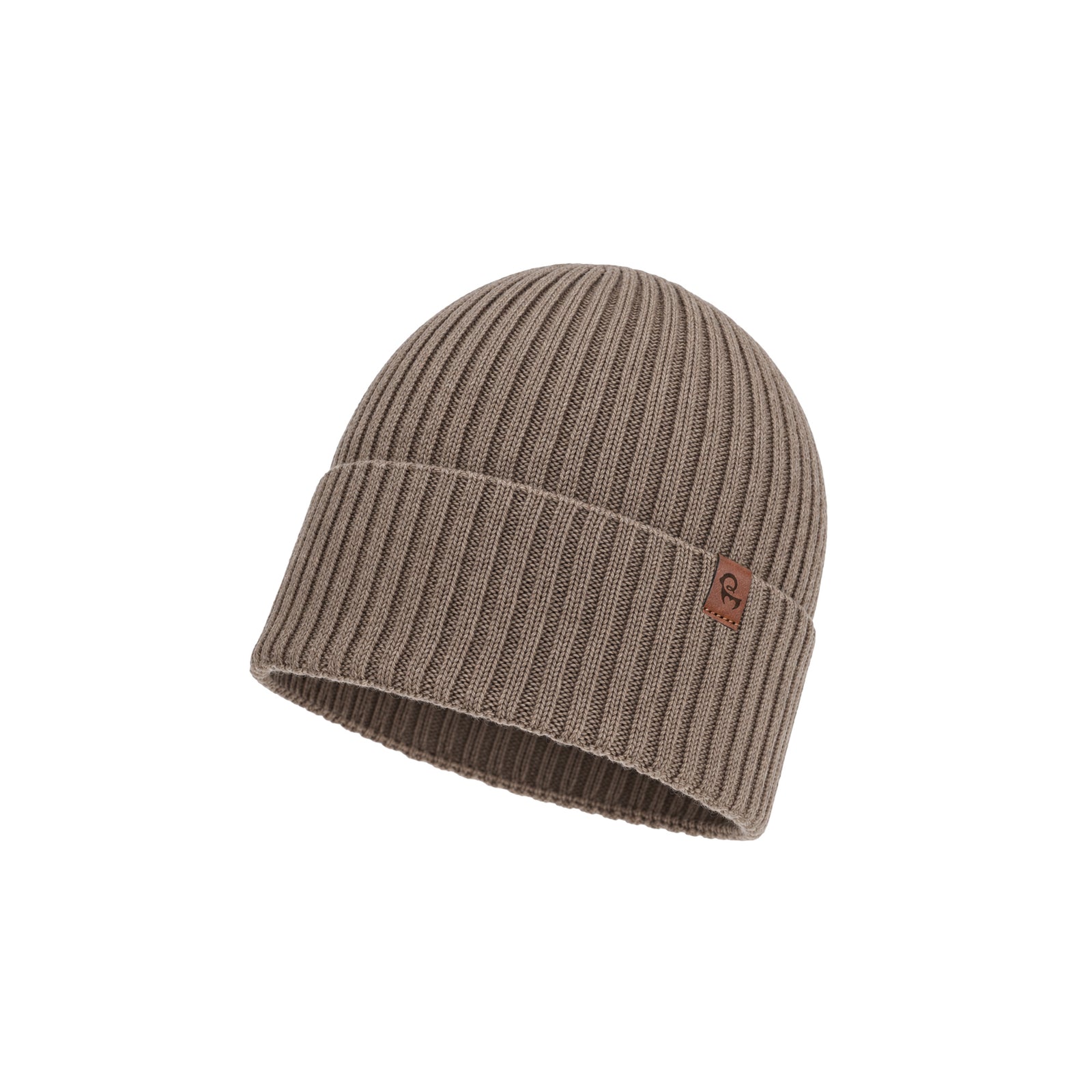 A navy blue ribbed knit beanie featuring a folded brim with a small brown square logo tag on the side, displayed against a plain white background.