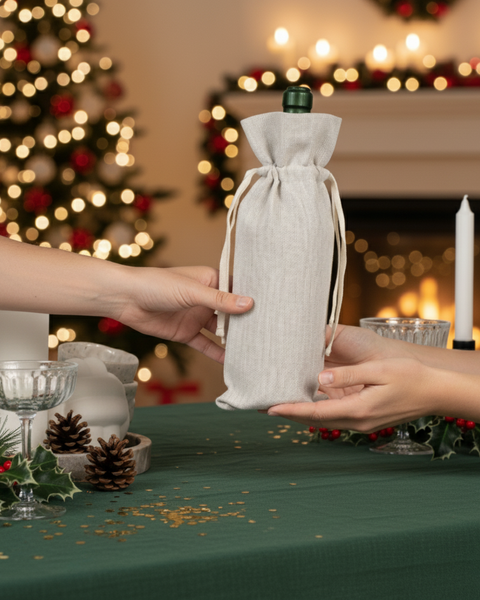 Christmas wine gift bag being exchanged at holiday dinner table — reusable fabric wine bottle bag with drawstrings, eco-friendly holiday gift wrap.